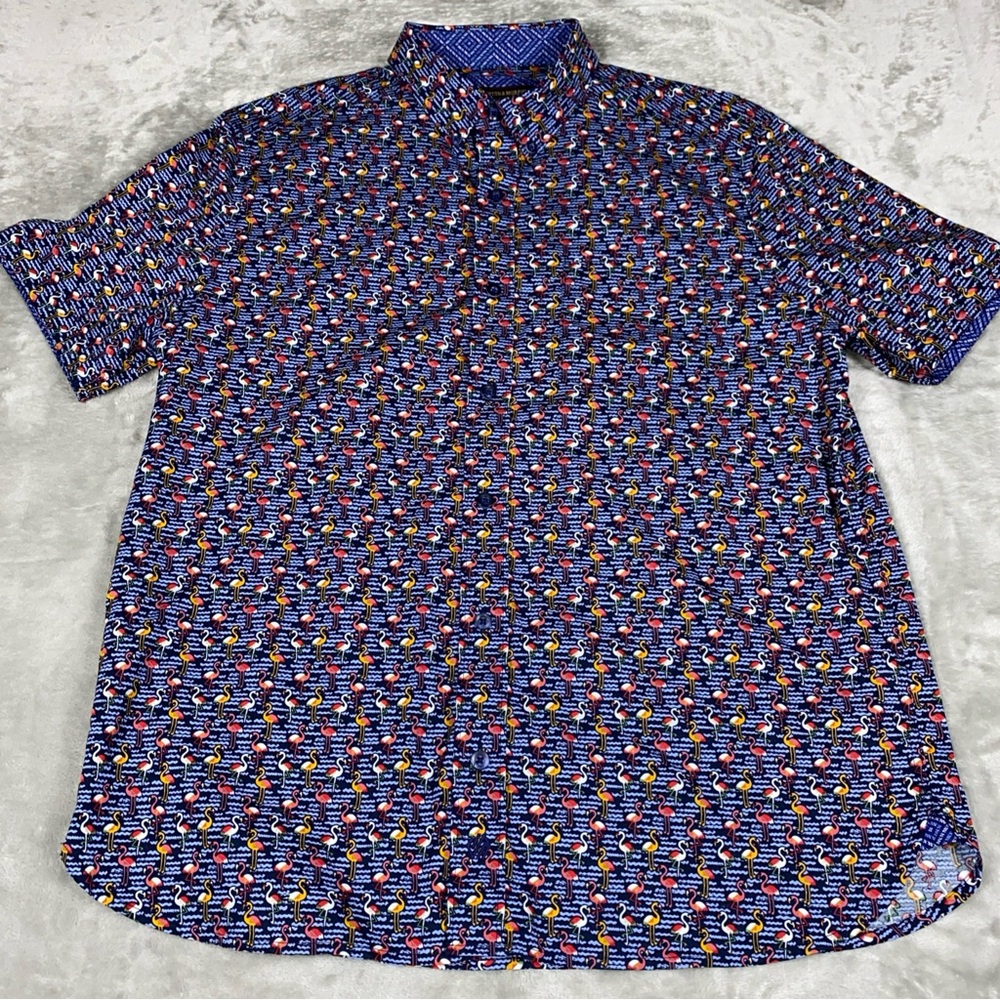 Johnston & Murphy‎ Men’s Med Navy Short-Sleeve Button-Down with Flamingo  Print